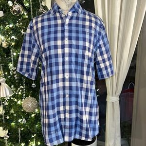 Claiborne blue white plaid mens shortsleeve shirt button collar business casual​